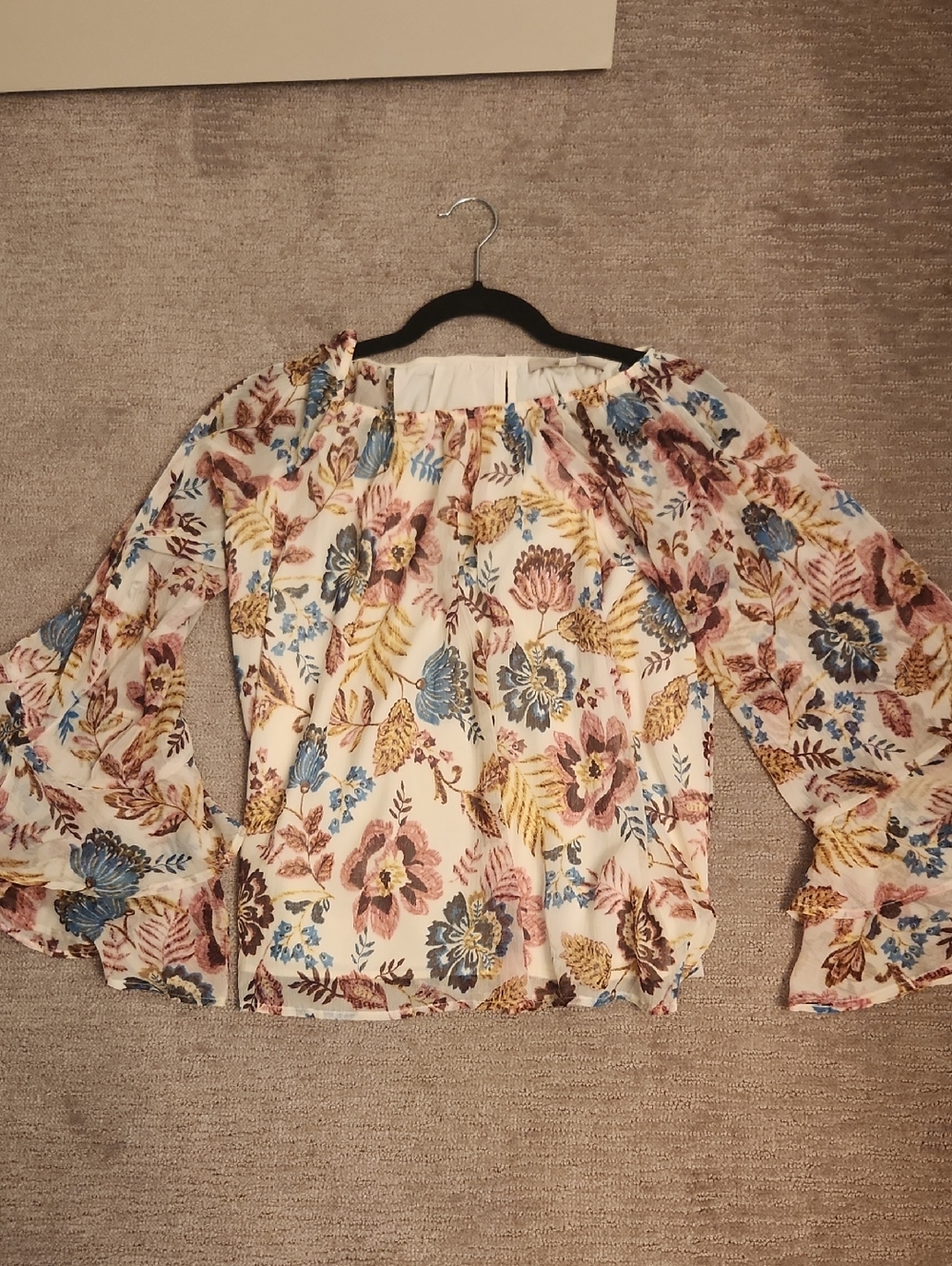 LOFT Cream Floral Off-Shoulder Blouse with Blue and Yellow Accents